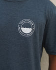 Organically made unisex short sleeve t-shirt in blue with white Lake Superior logo on front