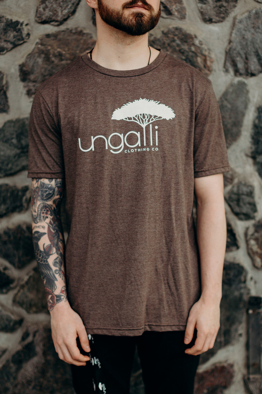 Brown organic unisex t-shirt with white Ungalli logo across front