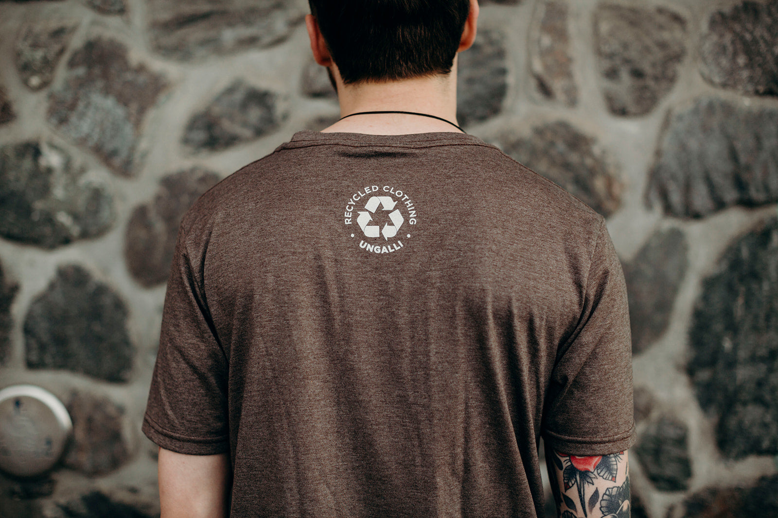 Brown organic unisex t-shirt with white Ungalli logo across front
