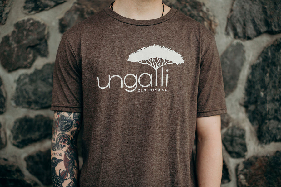 Brown organic unisex t-shirt with white Ungalli logo across front
