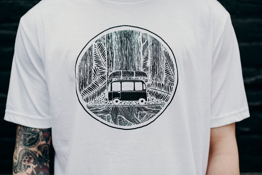 Unisex ethically made white t-shirt with Volkswagen logo on front