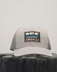 Unisex organic snap back hat in grey or black with multicoloured Ungalli/sleeping giant design on front