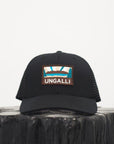 Unisex organic snap back hat in grey or black with multicoloured Ungalli/sleeping giant design on front