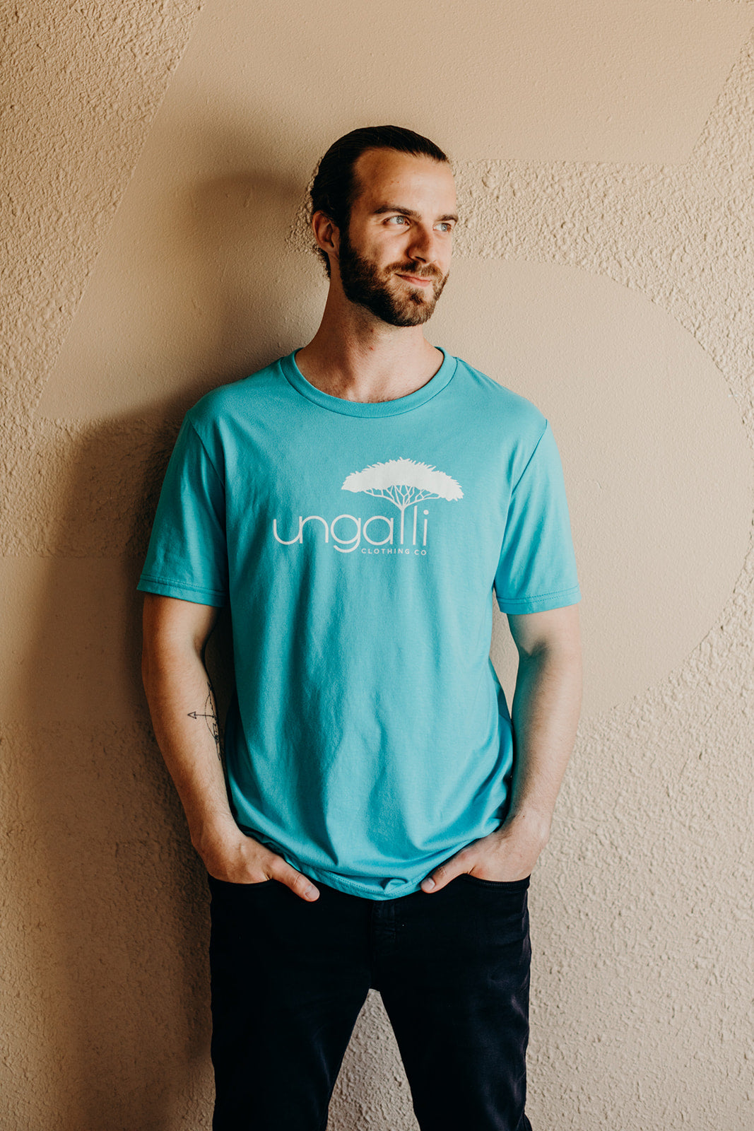 Unisex ethically made short sleeve teal t-shirt with white Ungalli logo on front