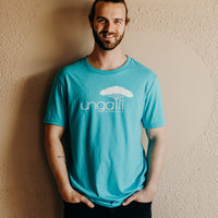 Unisex ethically made short sleeve teal t-shirt with white Ungalli logo on front