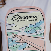 Organic white unisex t-shirt with multi-coloured dreamin' plane logo on front