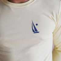 Unisex long sleeve organic shirt with blue sail boat logo and text