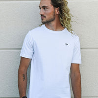 White unisex organically made t-shirt with black text on back