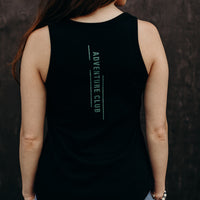 women's black recycled tank top with multi coloured 'adventure club' logo