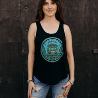 women's black recycled tank top with multi coloured 'adventure club' logo