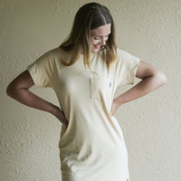 Women's beige t-shirt dress with front pocket sustainably made in Canada