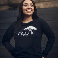 Women's ethically sourced black long sleeve shirt with Ungalli logo