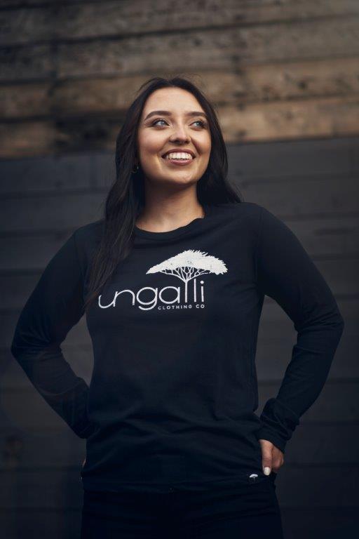 Women's ethically sourced black long sleeve shirt with Ungalli logo