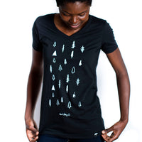 Women's recycled black t-shirt with tree print on front