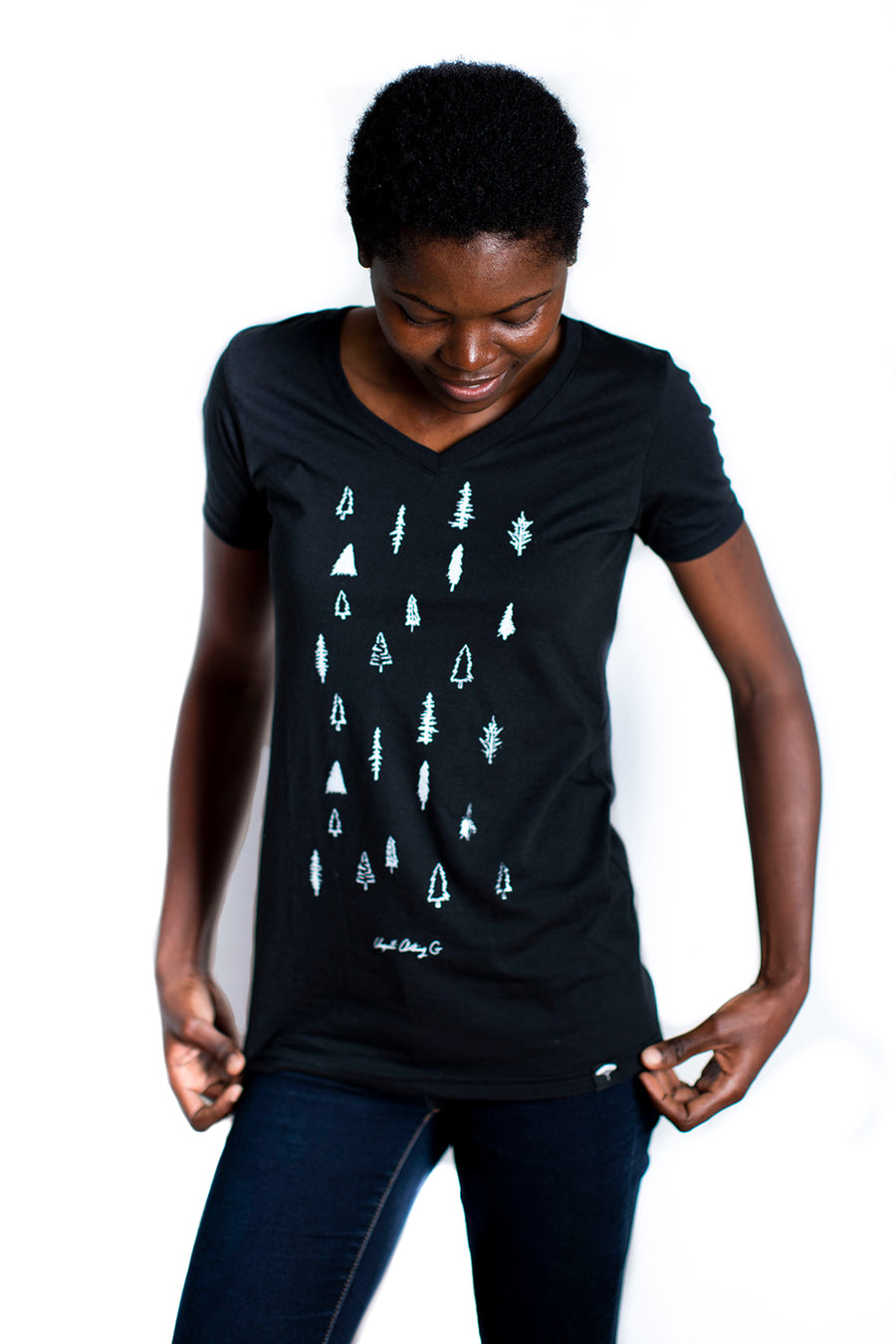 Women's recycled black t-shirt with tree print on front