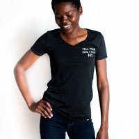 Women's organic short sleeve black t-shirt with text that reads 'Tell your dog I said HI' on front