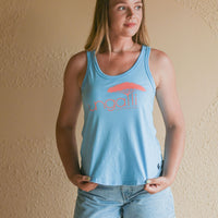 Women's organic blue tank top with pink Ungalli logo on front