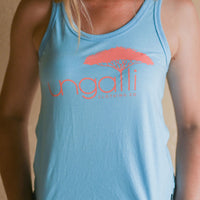 Women's organic blue tank top with pink Ungalli logo on front