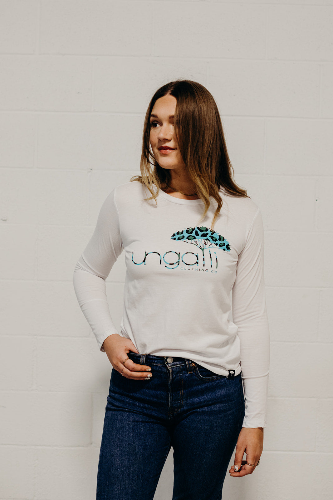 White long sleeve ethically made top with Ungalli logo