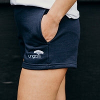 Women's recycled jogger shorts in navy with small Ungalli logo on front