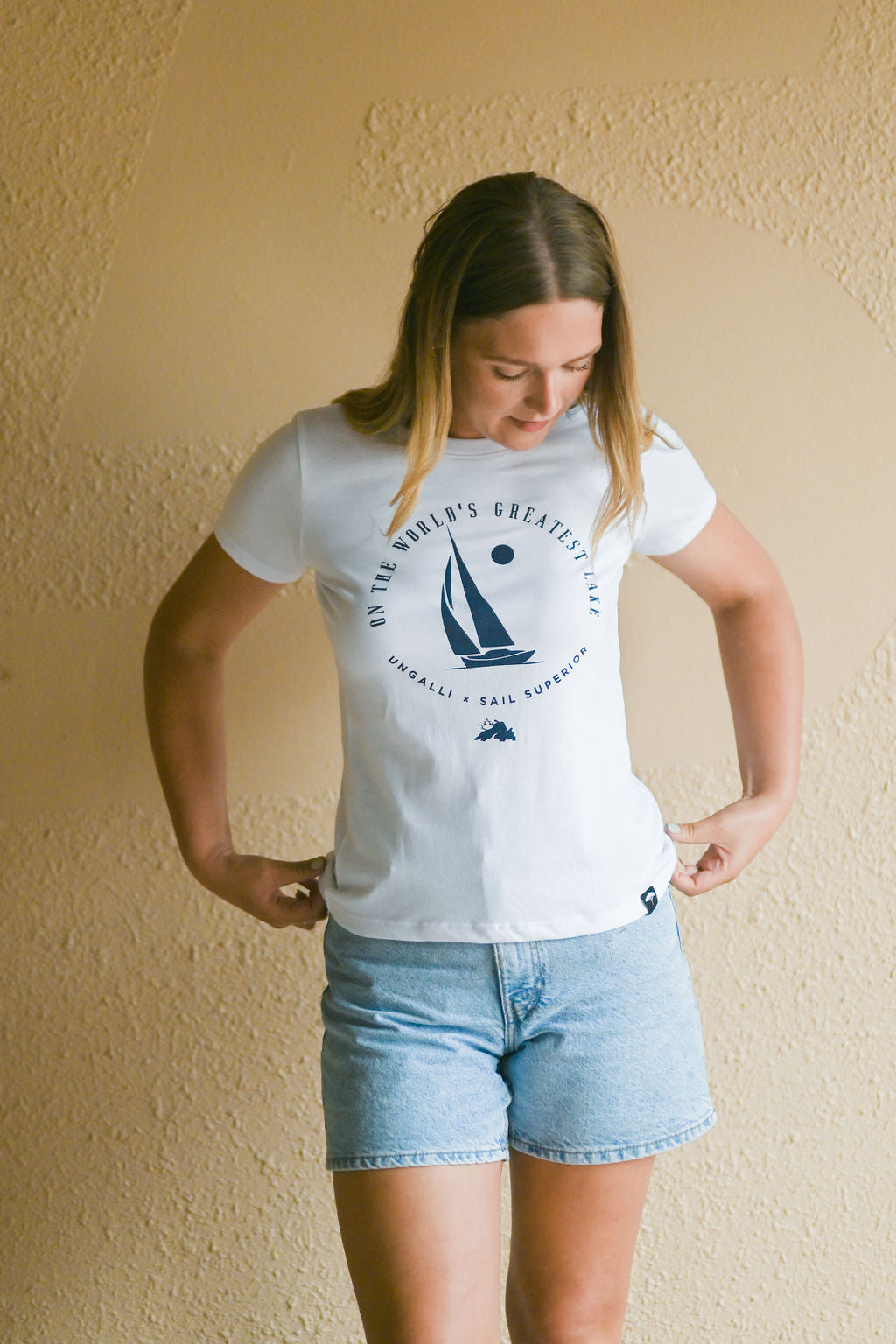 Women&#39;s recycled short sleeve white t-shirt with Sail Superior logo