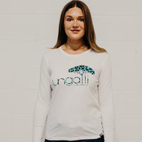 White long sleeve ethically made top with Ungalli logo