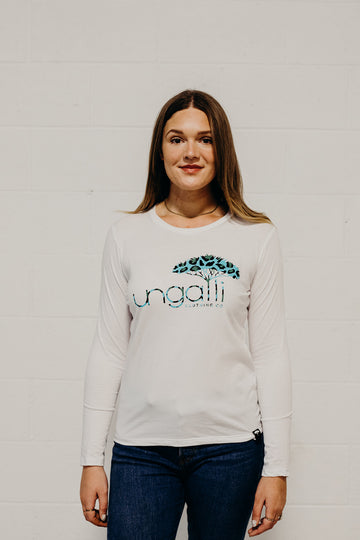 White long sleeve ethically made top with Ungalli logo