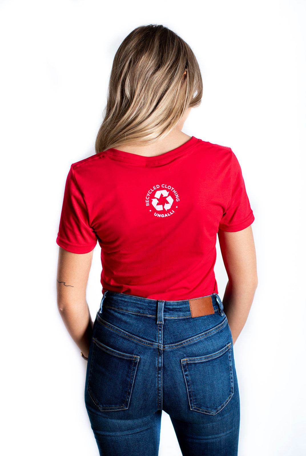 Women's organic red short sleeve t-shirt with white Ungalli logo on front