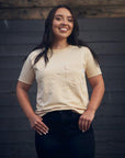 Women's organic short sleeve beige t-shirt with front pocket