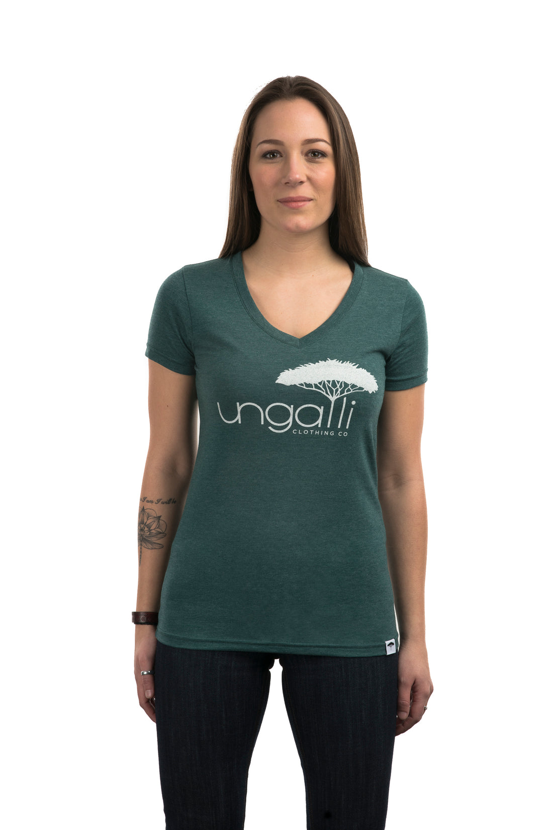 Women's short sleeve recycled t-shirt in green with white Ungalli logo on front