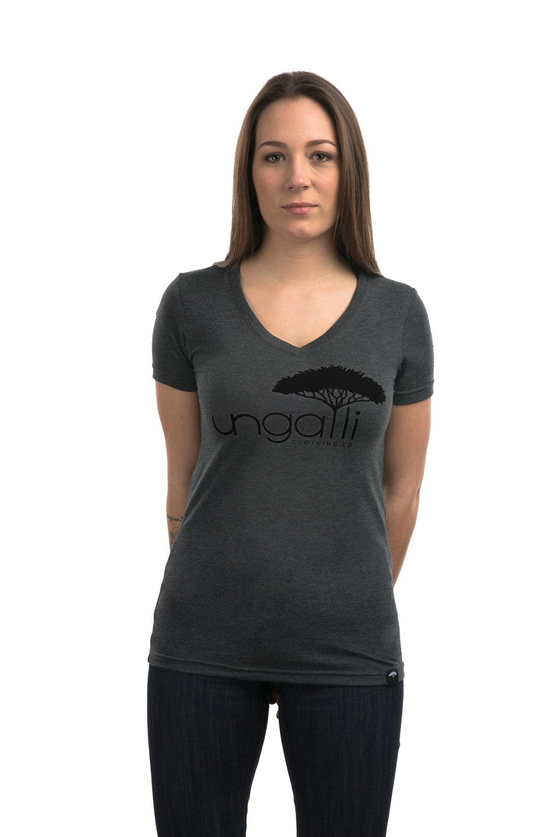 Women's recycled short sleeve grey t-shirt with black Ungalli logo on front