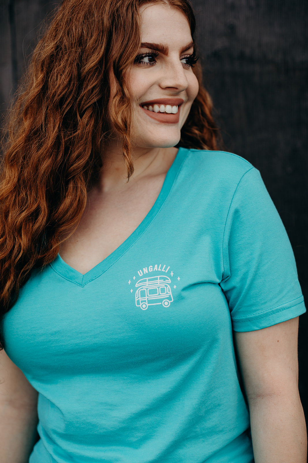 Women's ethically made teal v neck t-shirt with white details