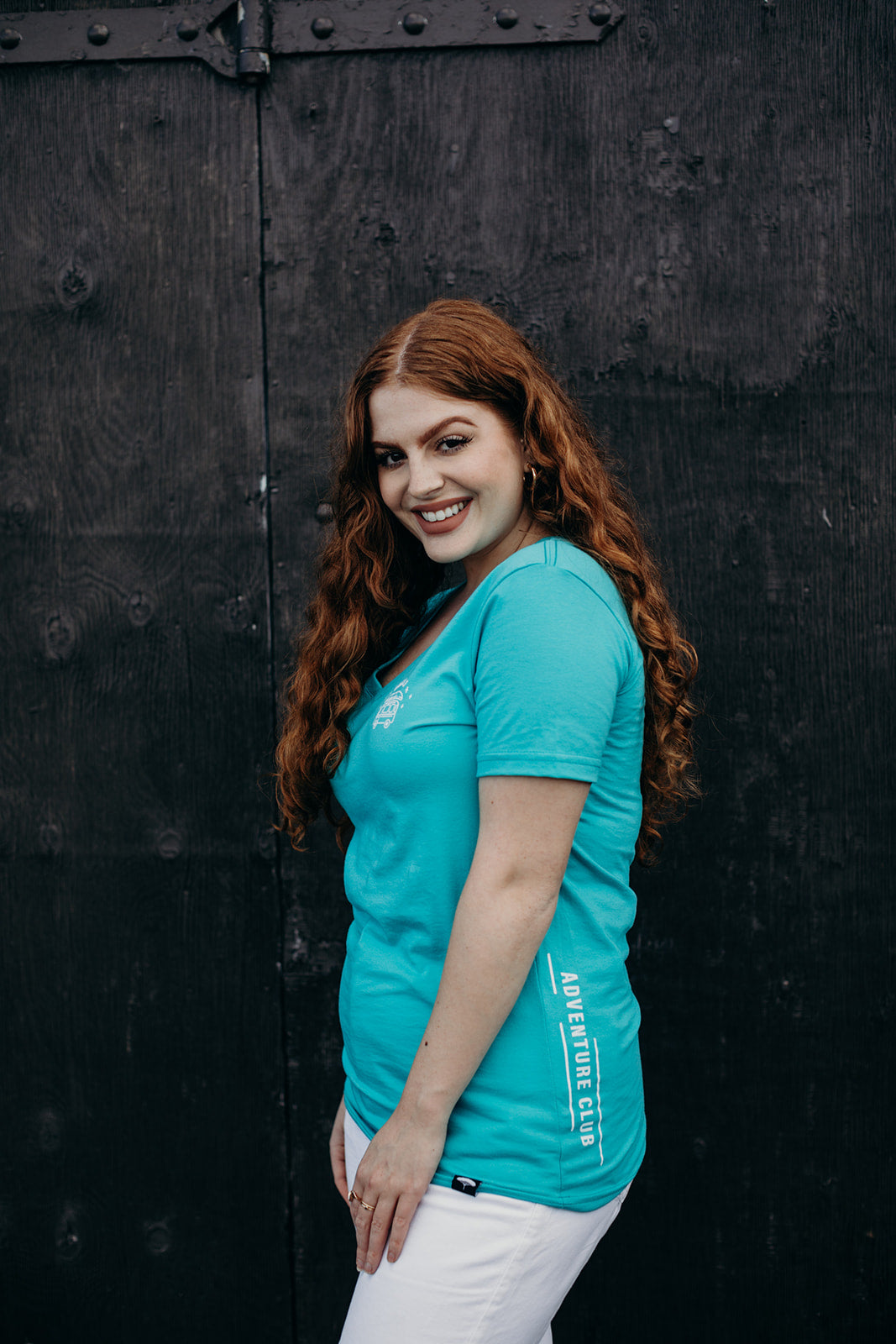 Women's ethically made teal v neck t-shirt with white details