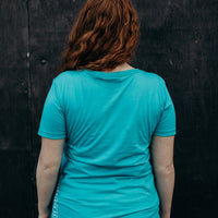 Women's ethically made teal v neck t-shirt with white details