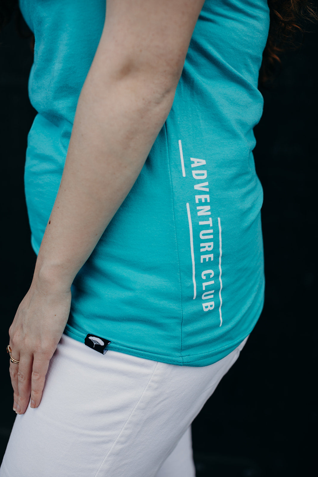 Women's ethically made teal v neck t-shirt with white details