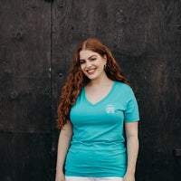 Women's ethically made teal v neck t-shirt with white details