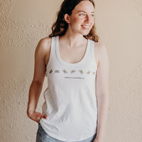 Women's recycled white tank top with bee print across front