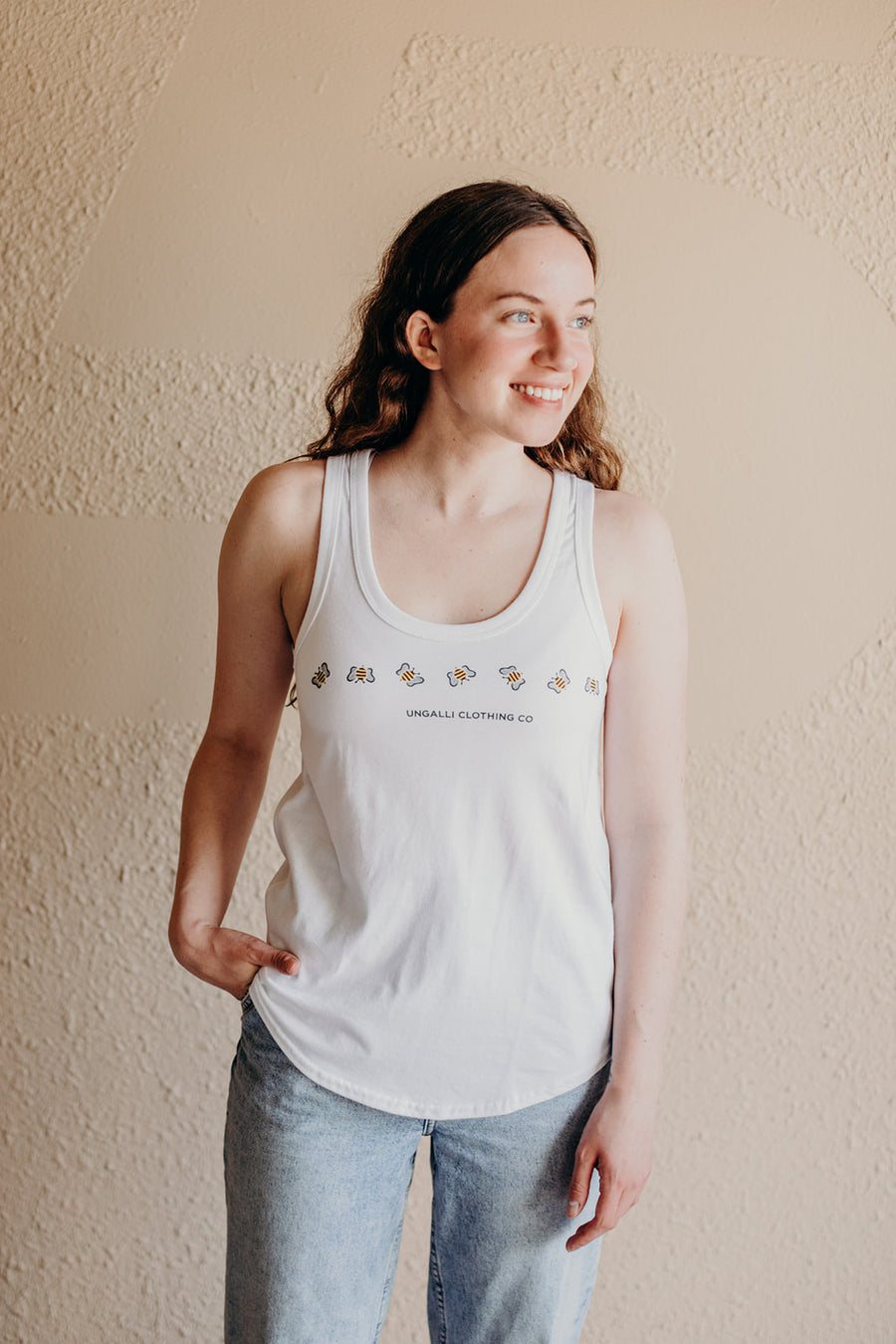 Women's recycled white tank top with bee print across front