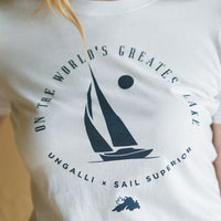 Women's recycled short sleeve white t-shirt with Sail Superior logo