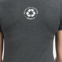 Women's short sleeve grey organic t-shirt with white text on front that reads: "The smell of lake the feel of the woods"