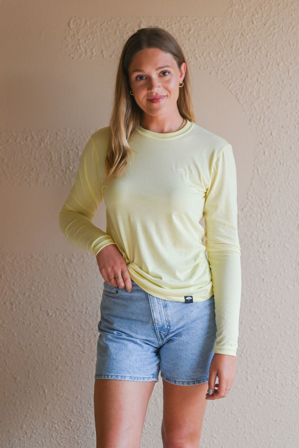 Unisex ethically made long sleeve yellow shirt with small white ungalli tree on front