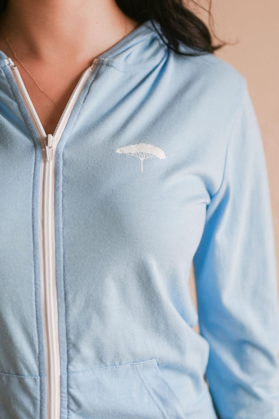 Organic unisex blue light weight zip up hoodie with white details