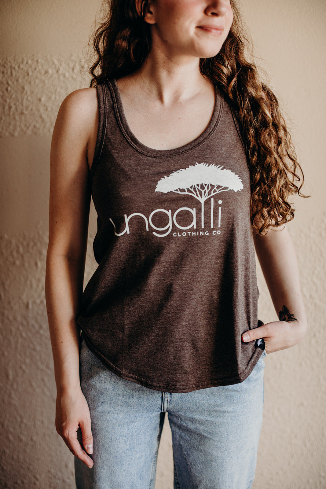 women's recycled brown tank top with white logo