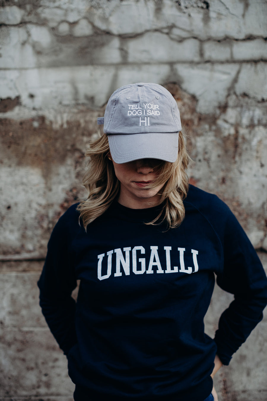 Ethically made unisex navy pull over sweater with 'Ungalli' in white text