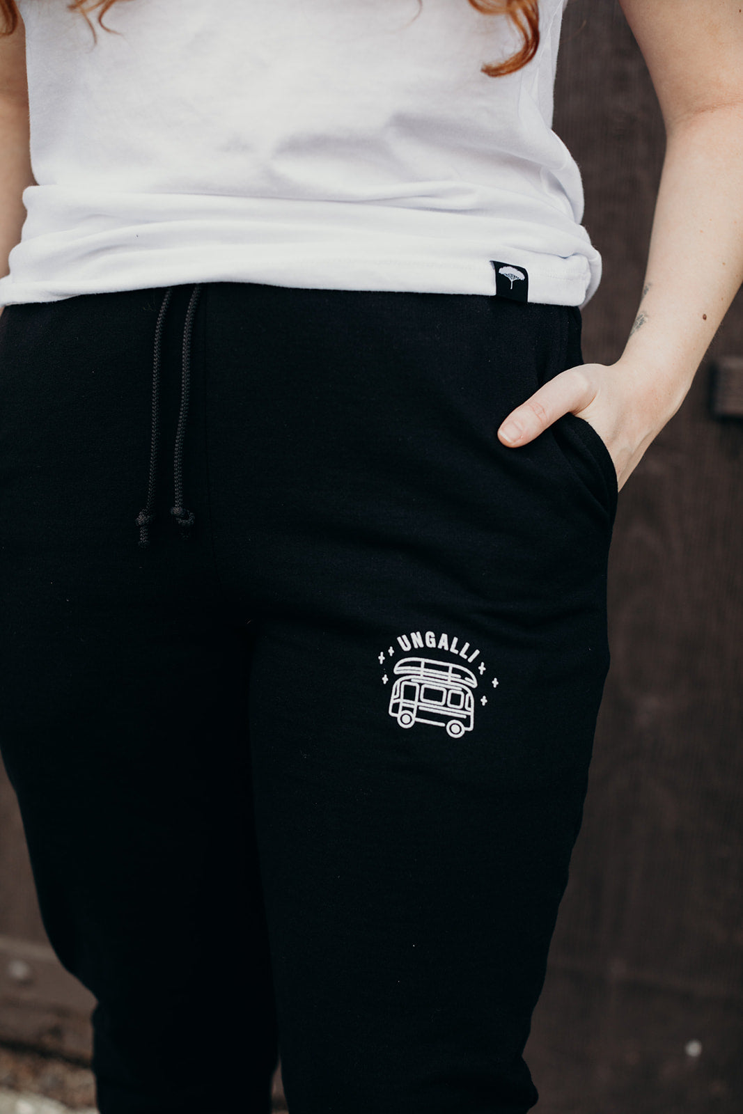 Black ethically made unisex joggers with white detailing