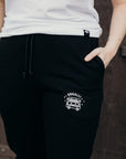 Black ethically made unisex joggers with white detailing