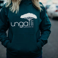 Recycled green unisex hoodie with white Ungalli logo