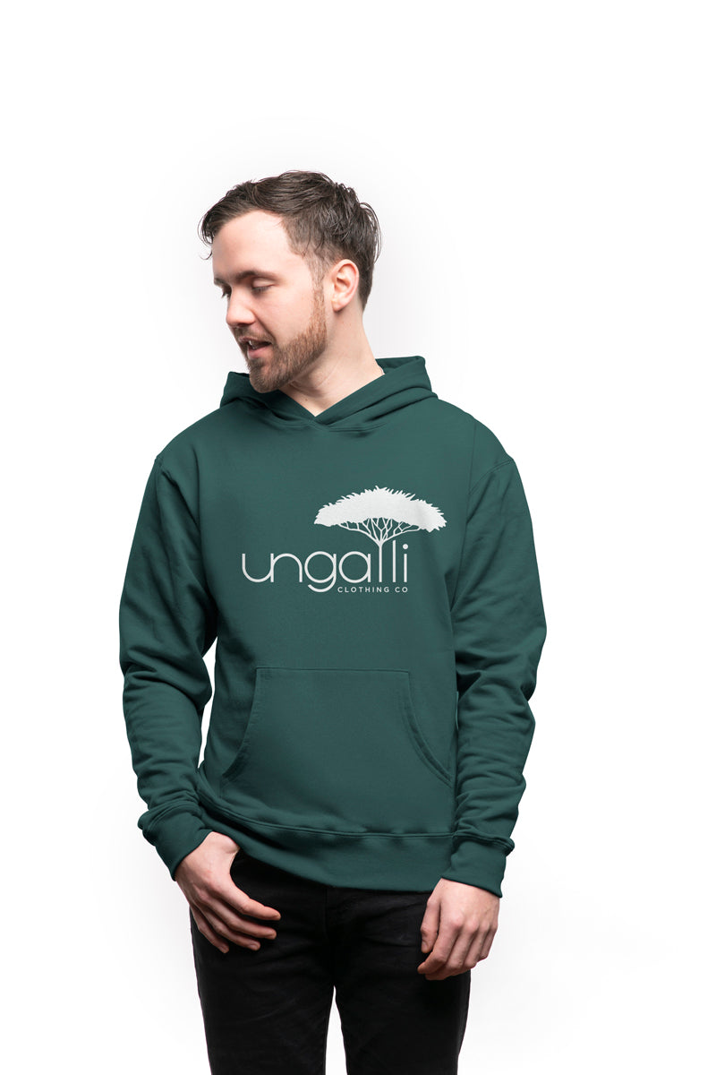 Recycled green unisex hoodie with white Ungalli logo