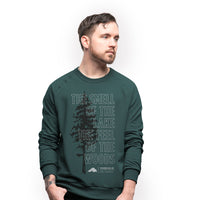 Organically made green unisex crew neck pull over sweater with white text