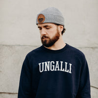 Ethically made unisex navy pull over sweater with 'Ungalli' in white text